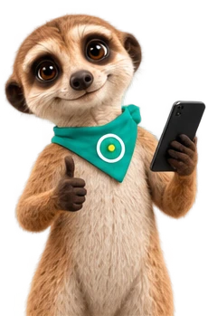 Maskotka OAZEE z telefonem w ręku pokazuje kciuk w górę